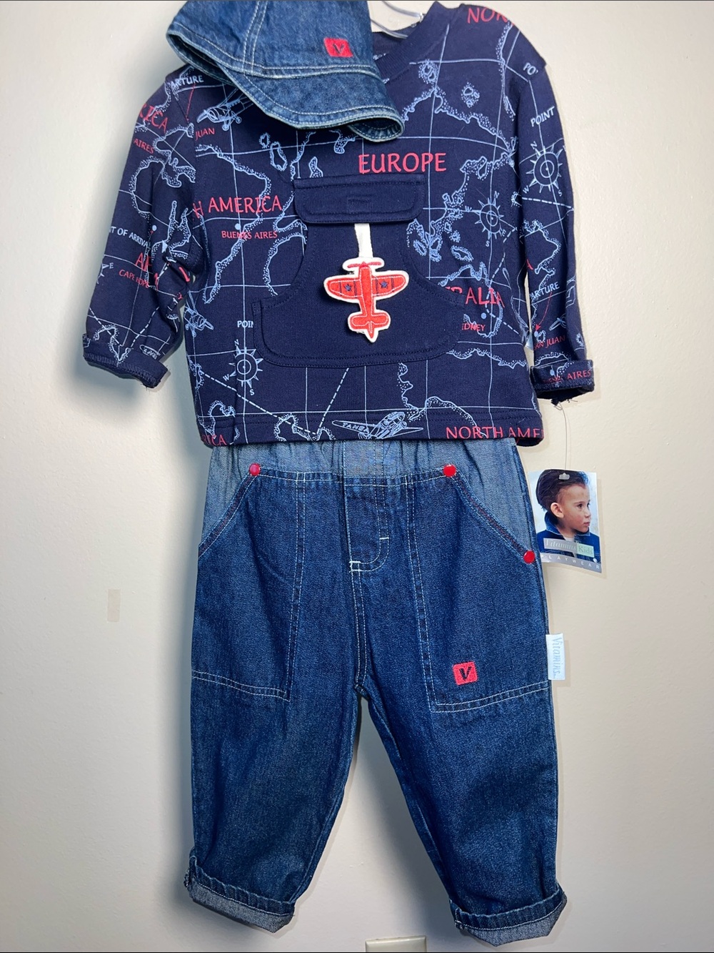 Vintage Kids Map-Print Sweatshirt, Denim Ballcap and Overalls 3Piece Set